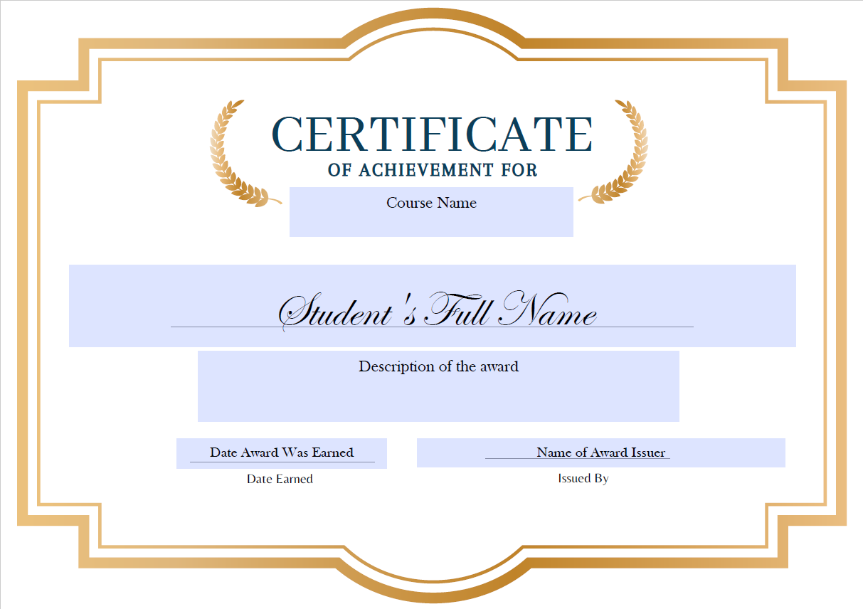 White certificate with gold border. Text: Course name, student name, award description, date earned, issuer name.