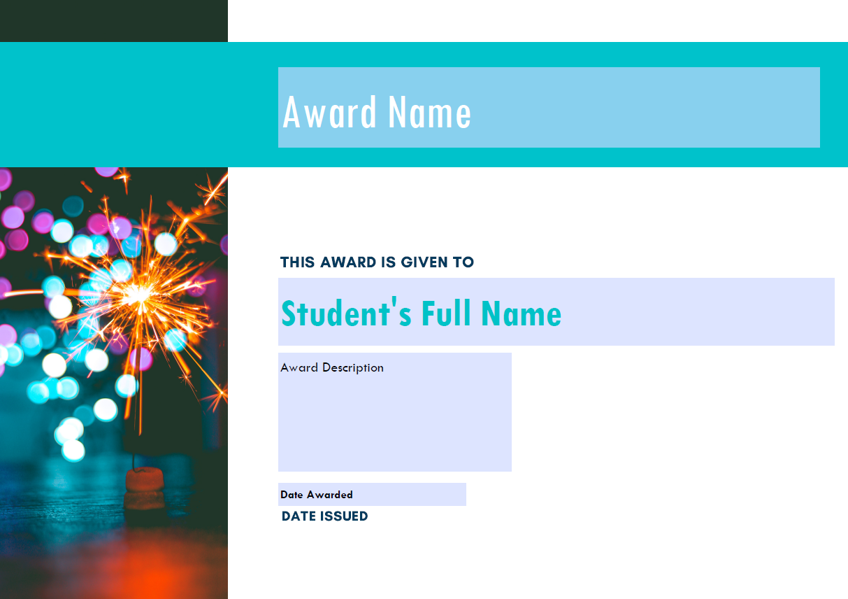 Template with sparkler image. Text: Award name, student's full name, award description and date awarded.