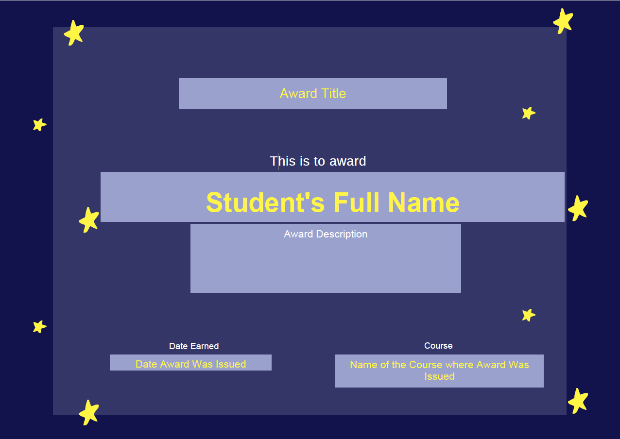 Yellow stars on blue. Text: award title, student name, award description, date issued and course name.